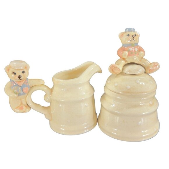 1980s Ceramic Sugar And Creamer Set 2 With Cute Whimsical Teddy Bear On Top - Picture 14 of 15